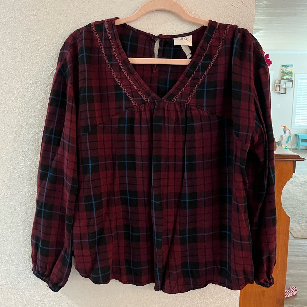 Burgundy and navy blue plaid blouse